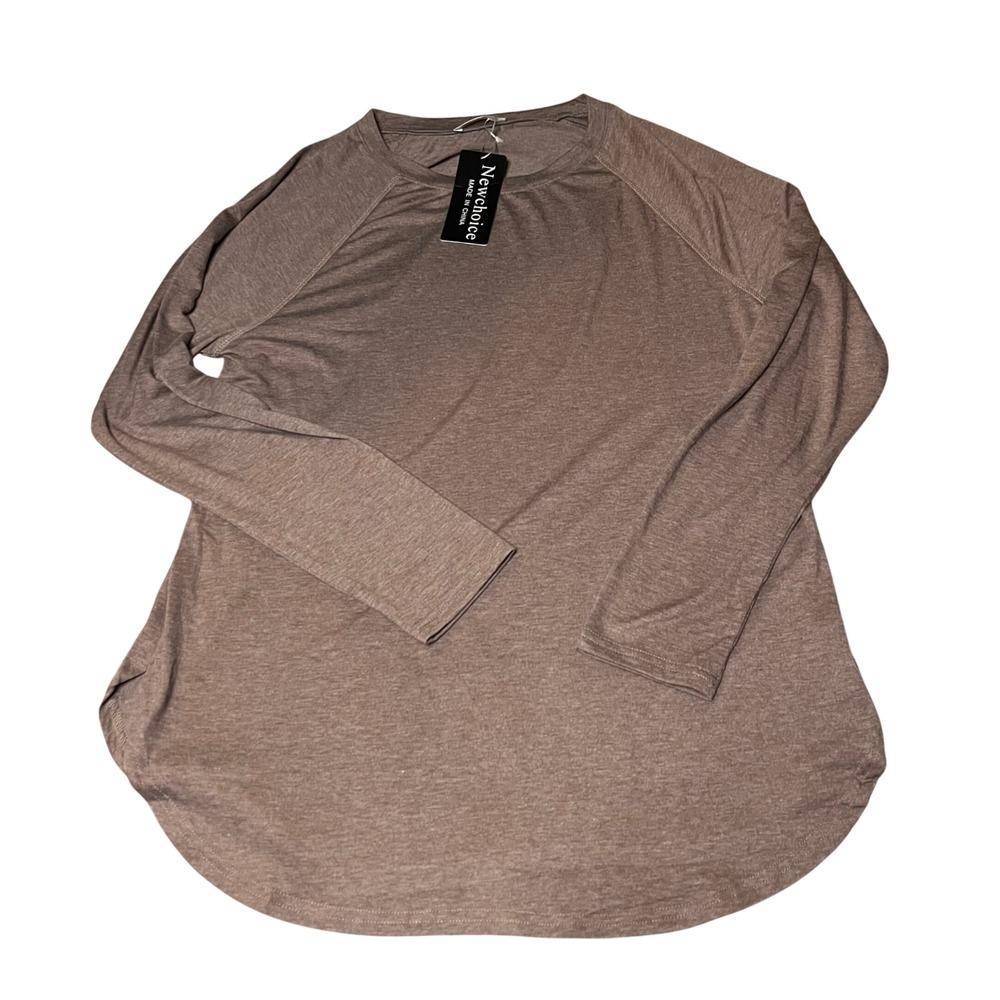 Newchoice Womens Long Sleeve Raglan Top Taupe Brown Heathered Crew Neck Lg NWT